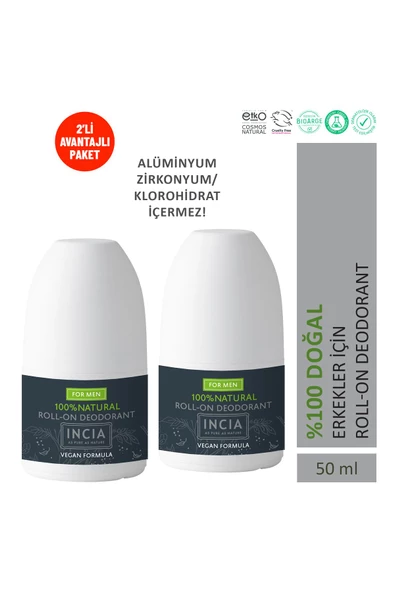 Incia %100 Doğal Roll On Deodorant Erkeler İçin Ter Kokusu Önleyici Lekesiz 50 ml X 2 Adet