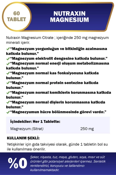 Nutraxin Magnesium 250 Mg 60 Tablet - Resim 2
