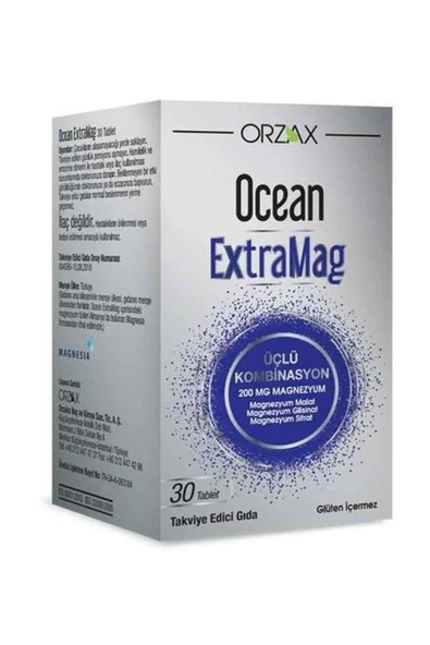 Ocean Orzax Ocean ExtraMag Üçlü Kombinasyon Magnezyum Takviye Edici Gıda 30 Tablet