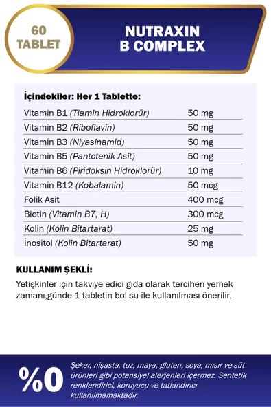 Nutraxin B Complex Vitamin 60 Tablet B1, B2, B3, B5, B6, B12 - Resim 2