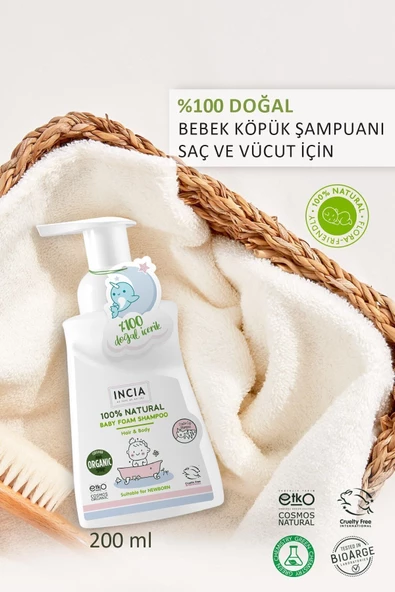 Incia %100 Doğal Organik Sertifikalı Bebek Köpük Şampuanı Saç Vücut Lavanta Konak Önleyici Yenidoğan 200ml - Resim 2