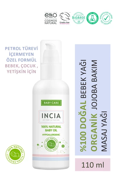 Incia %100 Doğal Bebek Yağı Organik Jojoba Bakım Masaj Yağı Parafinsiz Bitkisel Vegan 110 ml