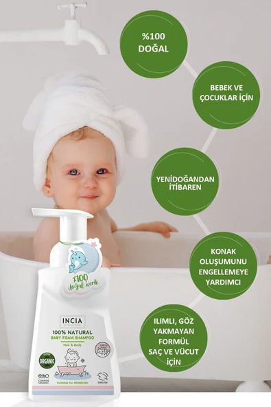 Incia %100 Doğal Organik Sertifikalı Bebek Köpük Şampuanı Saç Vücut Lavanta Konak Önleyici Yenidoğan 200ml - Resim 4
