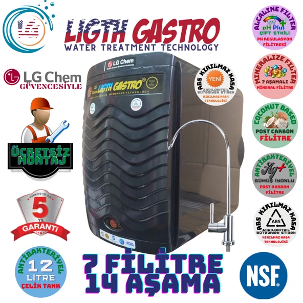 LİGHT GASTRO PLUS SİYAH MONTAJ DAHİL 12 LİTRE 7 FİLTRE 14 AŞAMA SU ARITMA CİHAZI ürün görseli