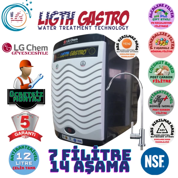 LİGHT GASTRO PLUS BEYAZ  SİYAH MONTAJ DAHİL 12 LİTRE 7 FİLTRE 14 AŞAMA SU ARITMA CİHAZI - 1