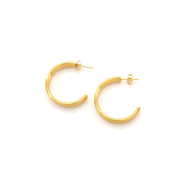 Çelik Halak Küpe Kadın Altın Kaplama Çizgili Model UNK-800 - Resim 3