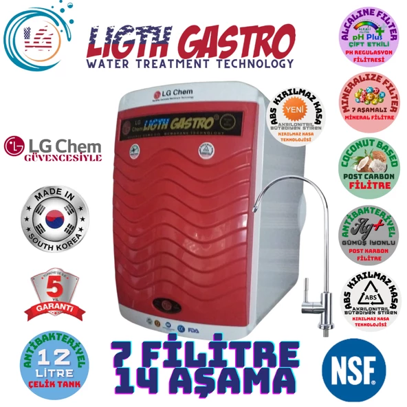 LİGHT GASTRO PLUS KIRMIZI BEYAZ 12 LİTRE 7 FİLTRE 14 AŞAMA SU ARITMA CİHAZI