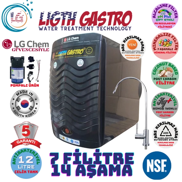 LİGHT GASTRO PLUS SİYAH POMPALI 12 LİTRE 7 FİLTRE 14 AŞAMA SU ARITMA CİHAZI ürün görseli