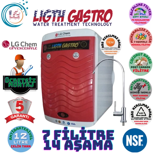 LİGHT GASTRO PLUS KIRMIZI BEYAZ MONTAJ DAHİL 12 LİTRE 7 FİLTRE 14 AŞAMA SU ARITMA CİHAZI