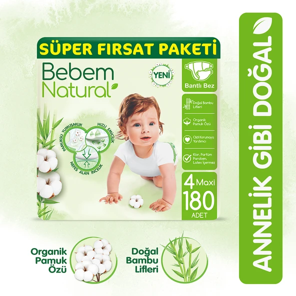 Bebem Natural Bebek Bezi 4 Beden Maxi Süper Fırsat Paketi 180 Adet