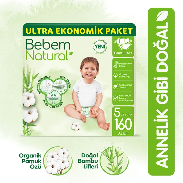 Bebem Natural Bebek Bezi 5 Beden Junior Ultra Ekonomik Paket 160 Adet