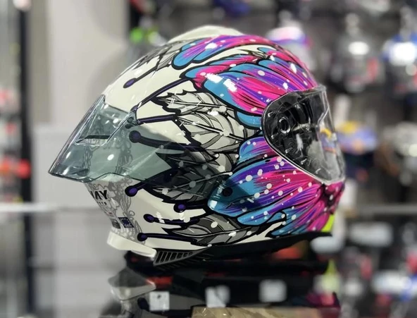 Sway 865 Butterfly Full Face Güneş Gözlüklü Kapalı Bayan Motosiklet Kaskı M Beden Pembe Mavi - 3