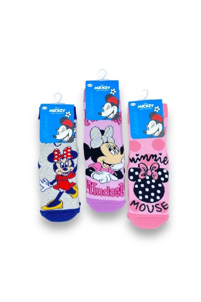 Minnie Mouse Lisanslı Kız Çocuk 3 Çift Havlu Soket Çorap 21554 - 3