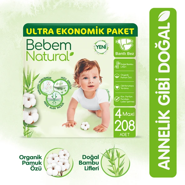 Bebem Natural Bebek Bezi 4 Beden Maxi Ultra Ekonomik Paket 208 Adet