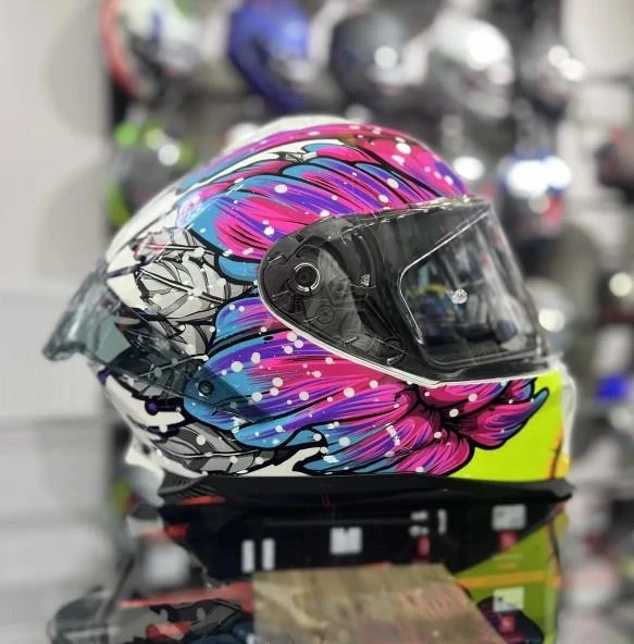 Sway 865 Butterfly Full Face Güneş Gözlüklü Kapalı Bayan Motosiklet Kaskı M Beden Pembe Mavi - 2
