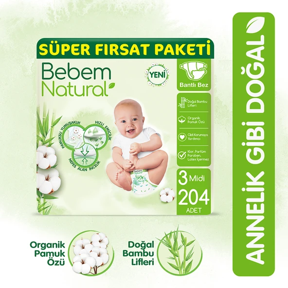 Bebem Natural Bebek Bezi 3 Beden Midi Süper Fırsat Paketi 204 Adet