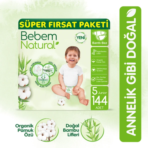 Bebem Natural Bebek Bezi 5 Beden Junior Süper Fırsat Paketi 144 Adet