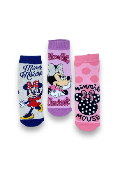 Minnie Mouse Lisanslı Kız Çocuk 3 Çift Havlu Soket Çorap 21554