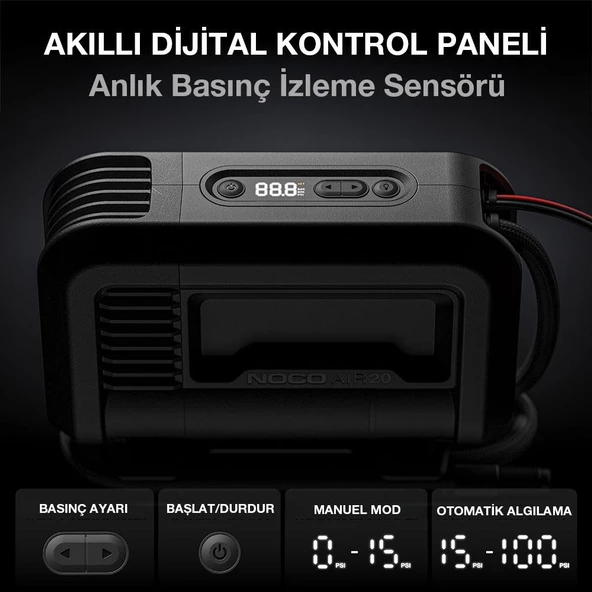 NOCO AIR20 12Volt Akü Bağlantı Maşalı 100 PSI Ayarlanabilir Dijital Basınç Göstergeli Profesyonel Lastik Şişirme Pompası - Resim 6