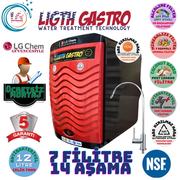 LİGHT GASTRO PLUS KIRMIZI SİYAH MONTAJ DAHİL 12 LİTRE 7 FİLTRE 14 AŞAMA SU ARITMA CİHAZI ürün görseli