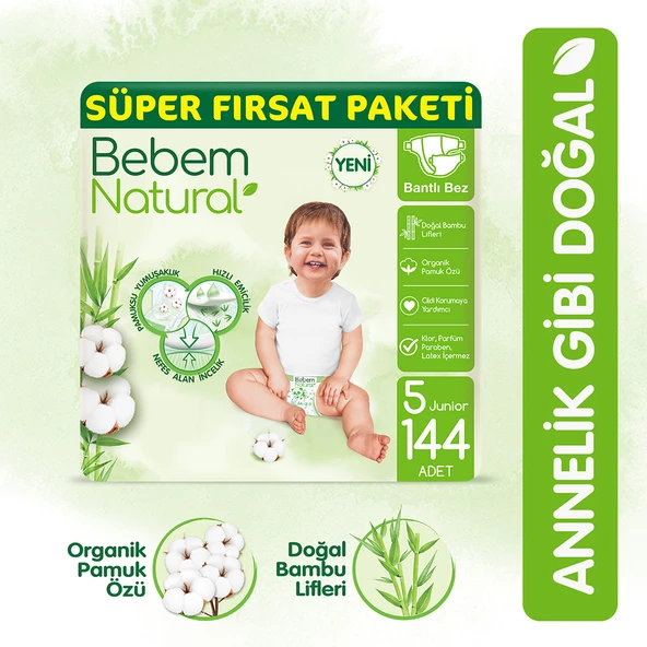 Bebem Natural Bebek Bezi 5 Beden Junior Süper Fırsat Paketi 144 Adet