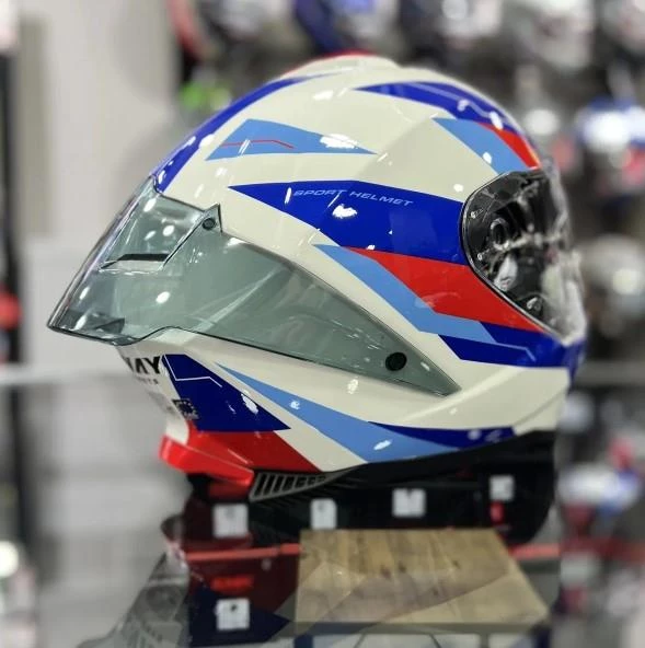 Sway 865 Titan Full Face Güneş Gözlüklü Kapalı Motosiklet Kaskı XL Beden White Blue Red - Resim 2