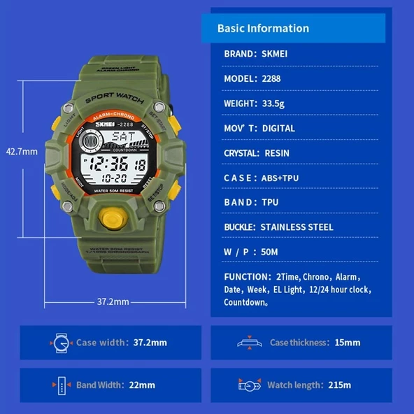 Cbtx Skmeı 2288 Genç Aydınlık Dijital Saat Doğa Sporları Elektronik Bilek Saati - Ordu Yeşil Kamuflaj - 8