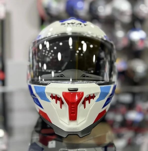 Sway 865 Titan Full Face Güneş Gözlüklü Kapalı Motosiklet Kaskı XL Beden White Blue Red - Resim 7