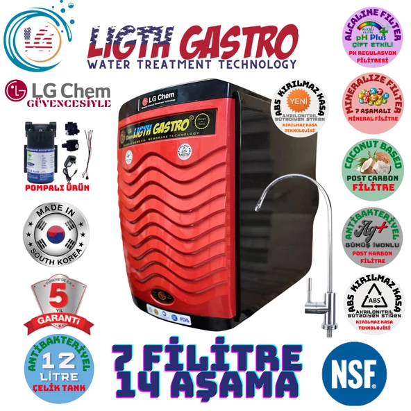 LİGHT GASTRO PLUS KIRMIZI SİYAH POMPALI 12 LİTRE 7 FİLTRE 14 AŞAMA SU ARITMA CİHAZI