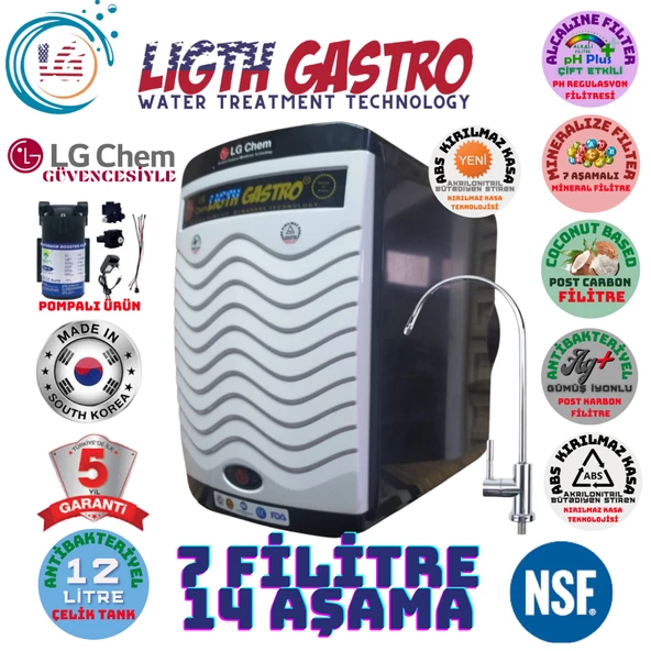 LİGHT GASTRO PLUS BEYAZ SİYAH POMPALI 12 LİTRE 7 FİLTRE 14 AŞAMA SU ARITMA CİHAZI