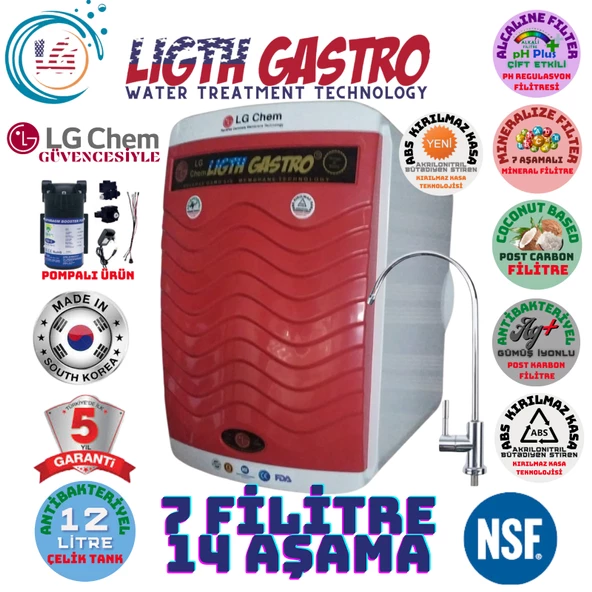 LİGHT GASTRO PLUS KIRMIZI BEYAZ POMPALI 12 LİTRE 7 FİLTRE 14 AŞAMA SU ARITMA CİHAZI
