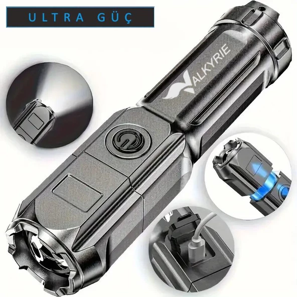 Valkyrie Şarjlı Ultra Güç El Feneri Zoom 3 Mod Type-C Uzun Kullanım Suya Dayanıklı - 7