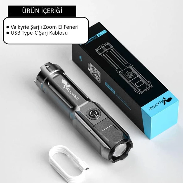 Valkyrie Şarjlı Ultra Güç El Feneri Zoom 3 Mod Type-C Uzun Kullanım Suya Dayanıklı - 5