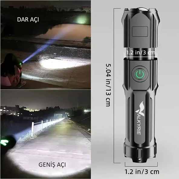 Valkyrie Şarjlı Ultra Güç El Feneri Zoom 3 Mod Type-C Uzun Kullanım Suya Dayanıklı - 4