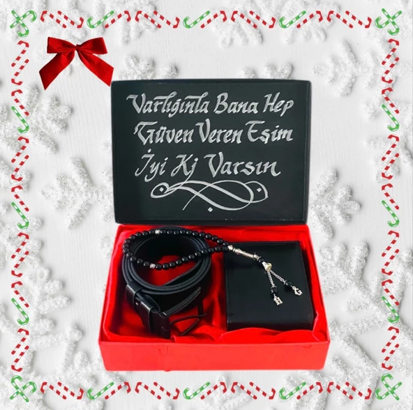 Erkek Hediye Set Siyah Cüzdan- Kemer -Kişiye Özel Harfli Tesbih