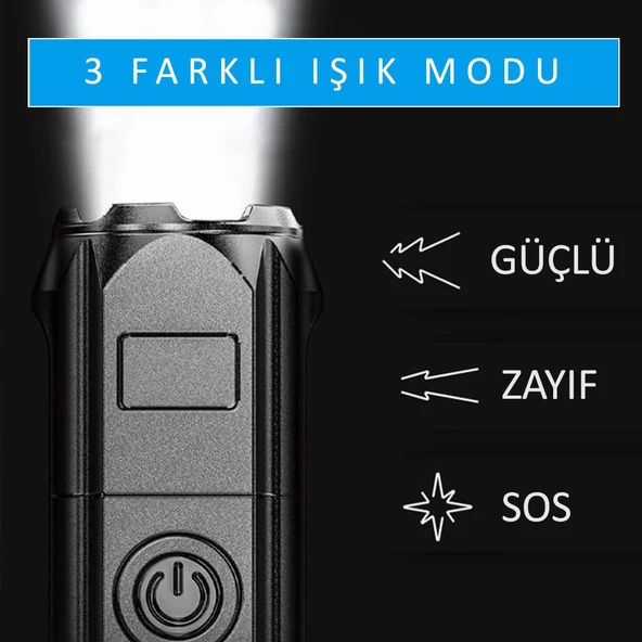 Valkyrie Şarjlı Ultra Güç El Feneri Zoom 3 Mod Type-C Uzun Kullanım Suya Dayanıklı - 6