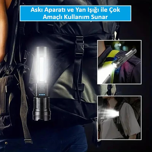 Valkyrie Şarjlı 7 Modlu Ultra Güçlü LED El Feneri Çakarlı Çok Fonksiyonlu Zoom 1500mAh - 7