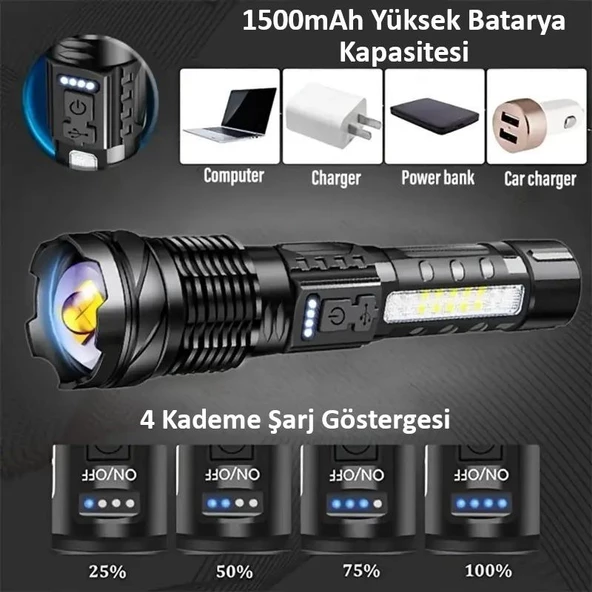 Valkyrie Şarjlı 7 Modlu Ultra Güçlü LED El Feneri Çakarlı Çok Fonksiyonlu Zoom 1500mAh - 5