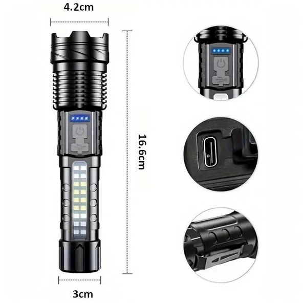 Valkyrie Şarjlı 7 Modlu Ultra Güçlü LED El Feneri Çakarlı Çok Fonksiyonlu Zoom 1500mAh - 8