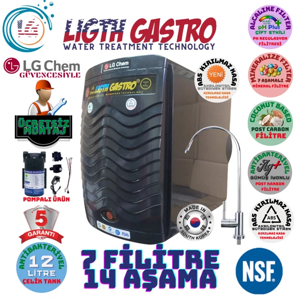 LİGHT GASTRO PLUS SİYAH POMPALI MONTAJ DAHİL 12 LİTRE 7 FİLTRE 14 AŞAMA SU ARITMA CİHAZI ürün görseli