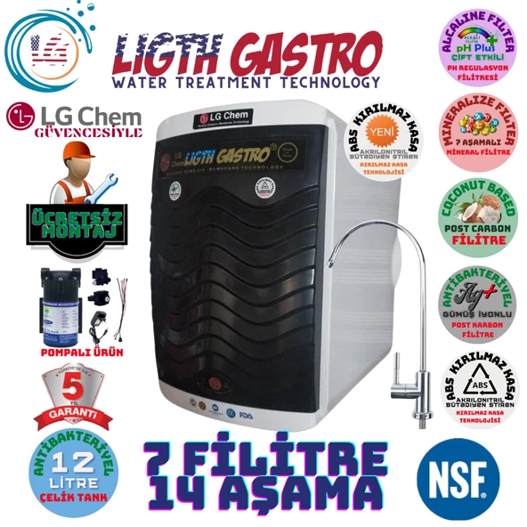 LİGHT GASTRO PLUS SİYAH BEYAZ  POMPALI MONTAJ DAHİL 12 LİTRE 7 FİLTRE 14 AŞAMA SU ARITMA CİHAZI ürün görseli