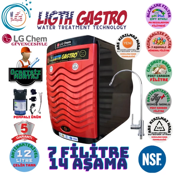 LİGHT GASTRO PLUS KIRMIZI SİYAH POMPALI MONTAJ DAHİL 12 LİTRE 7 FİLTRE 14 AŞAMA SU ARITMA CİHAZI