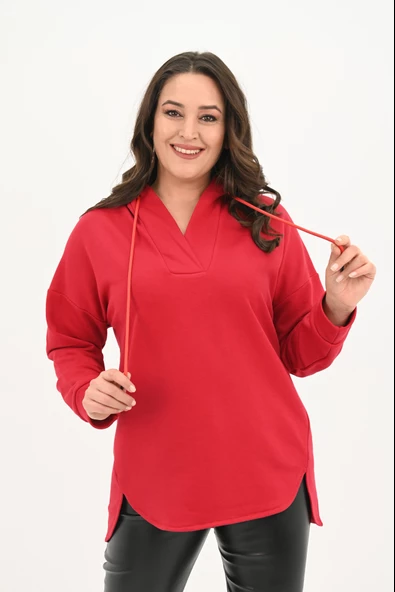 Kadın Büyük Beden Kapüşonlu Oversize Sweatshirt 1895-25 - 8
