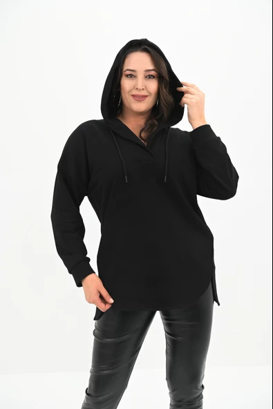 Kadın Büyük Beden Kapüşonlu Oversize Sweatshirt 1895-25 - 6