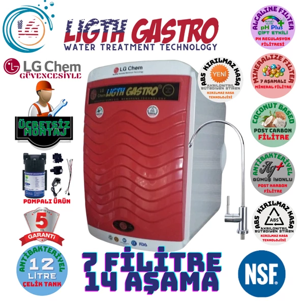 LİGHT GASTRO PLUS KIRMIZI BEYAZ POMPALI MONTAJ DAHİL 12 LİTRE 7 FİLTRE 14 AŞAMA SU ARITMA CİHAZI
