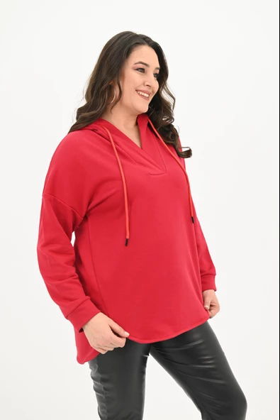 Kadın Büyük Beden Kapüşonlu Oversize Sweatshirt 1895-25 - 10
