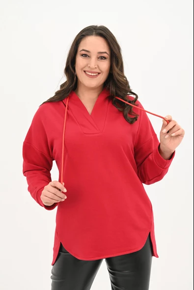 Kadın Büyük Beden Kapüşonlu Oversize Sweatshirt 1895-25 - 7