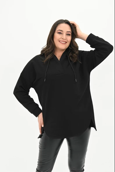 Kadın Büyük Beden Kapüşonlu Oversize Sweatshirt 1895-25 - 3