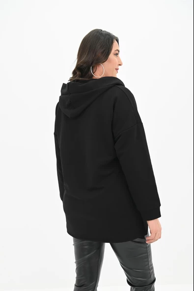 Kadın Büyük Beden Kapüşonlu Oversize Sweatshirt 1895-25 - 4