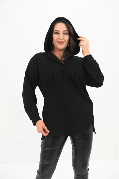 Kadın Büyük Beden Kapüşonlu Oversize Sweatshirt 1895-25 - 5
